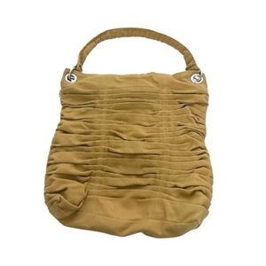 Tan pleated shoulder bag with chrome accents